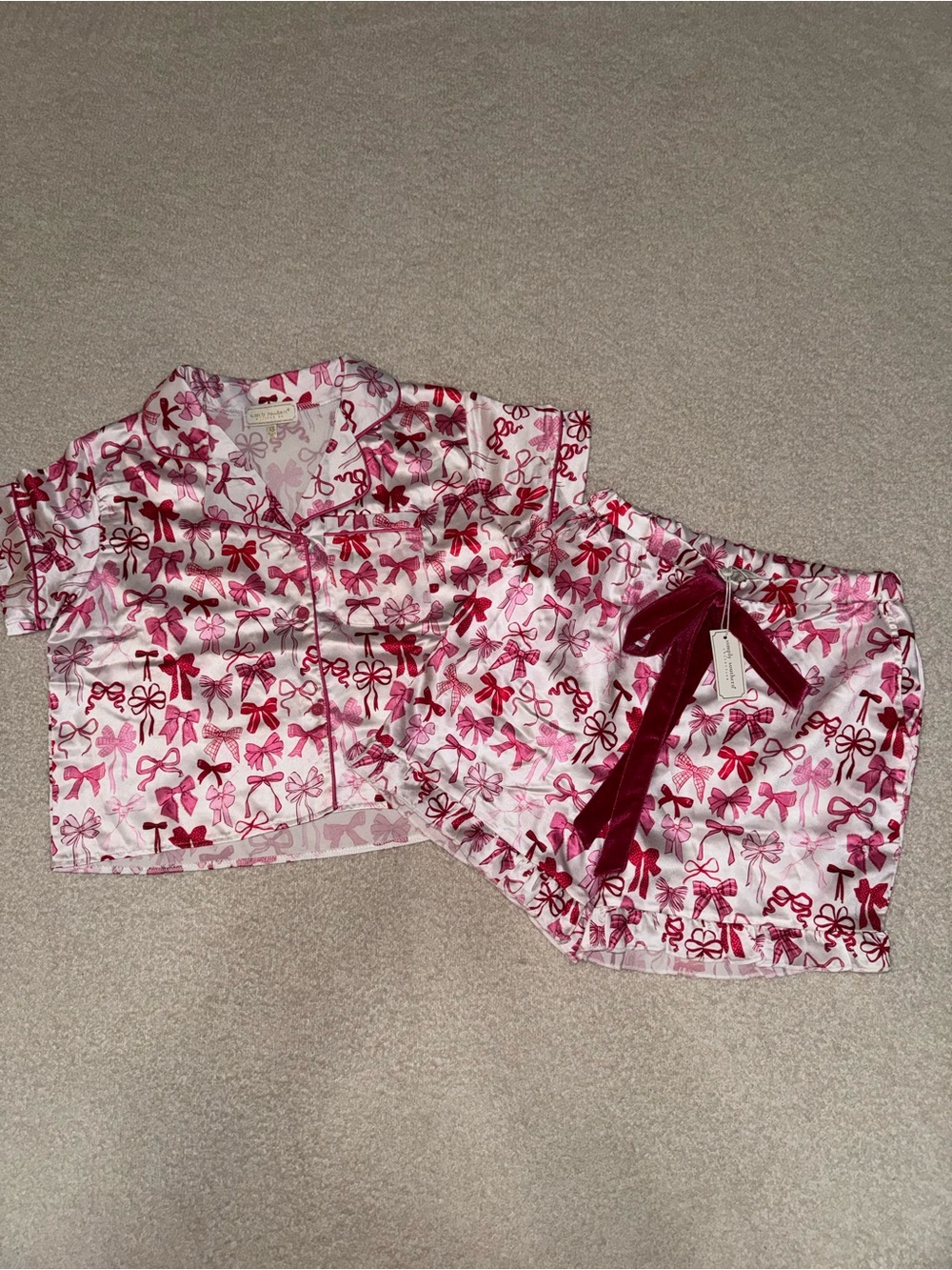 Satin Pink Bow-Print Short Pajama Set